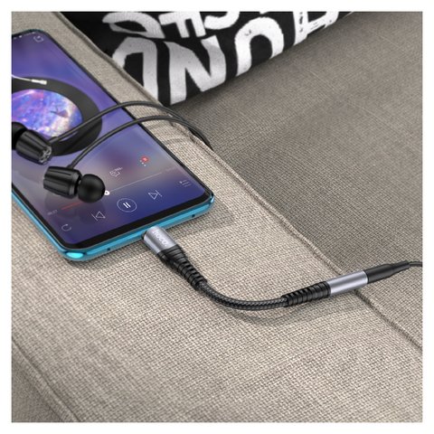 Адаптер Hoco LS33, поддерживает функции микрофона, в нейлоновой оплетке, USB тип-C, TRRS 3.5 мм, серый, #6931474761163 Превью 1
