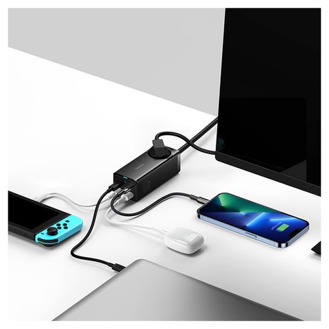 Сетевое зарядное устройство Baseus GaN3 Pro Desktop, 65 Вт, Quick Charge, черный, с розеткой, c кабелем USB тип-C к USB тип-C, 4 порта, 1,5 м, #PSZM000901 Превью 2