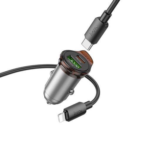 Автомобильное зарядное устройство Hoco NZ16A, черное, Power Delivery (PD), c кабелем USB тип-C к Lightning для Apple, 43 Вт, 2 порта, 12-24 B, #6942007644754 Превью 1